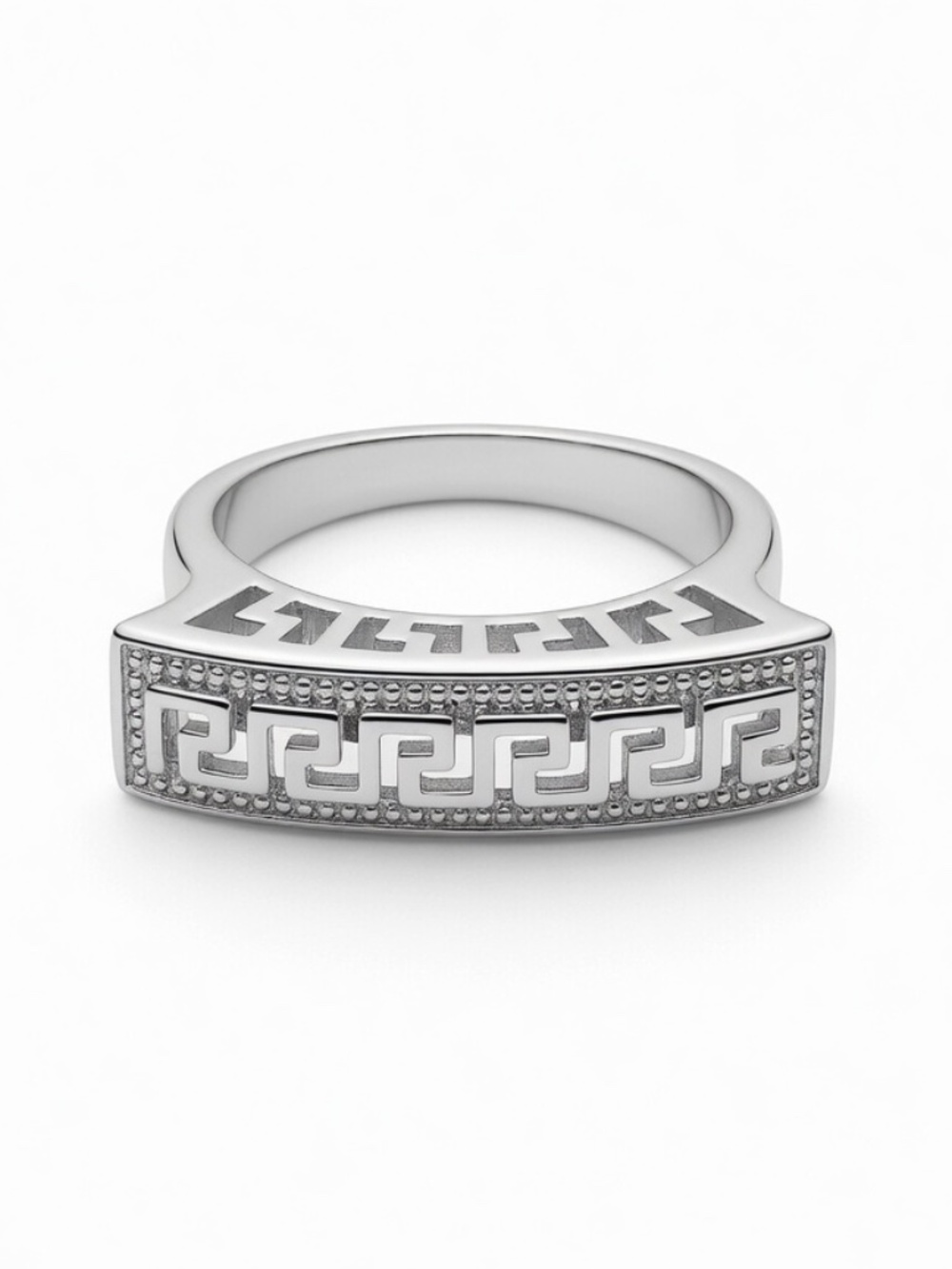 Silver-Tone Greek Key CZ Statement Band Ring – Size 9.75